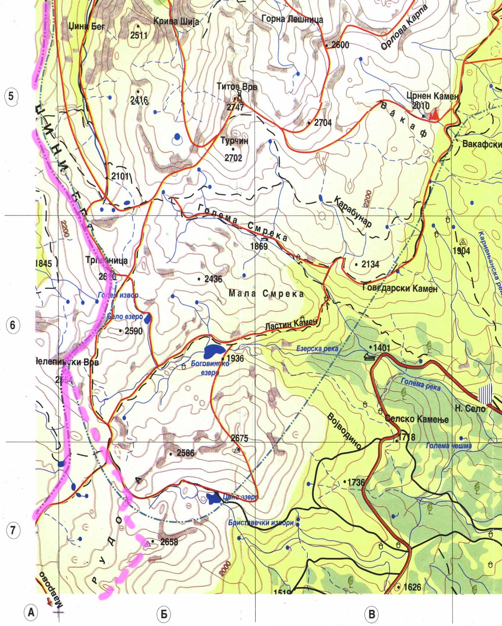 Hřeben Rudoka na makedonské mapě